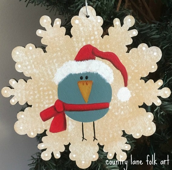 Santa bird ornament, wooden snowflake, hand painted, Christmas ornament, bird ornament, whimsical