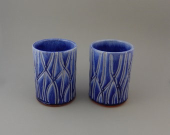 Pottery Tumbler Set - Blue Earthenware Pair of Ceramic Cups