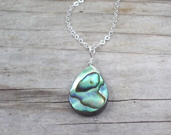 Abalone necklace Paua shell pendant abalone jewelry silver dainty chain teardrop pendant bead
