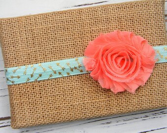 Coral Chiffon Headband, Baby Headband, Infant Headband, Chiffon Headband, Aqua Headband