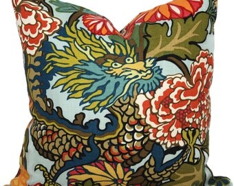 Aquamarine Schumacher Chiang Mai Decorative Pillow Cover with Dragon Face 18x18, 20x20 or 22x22, throw pillow, accent pillow
