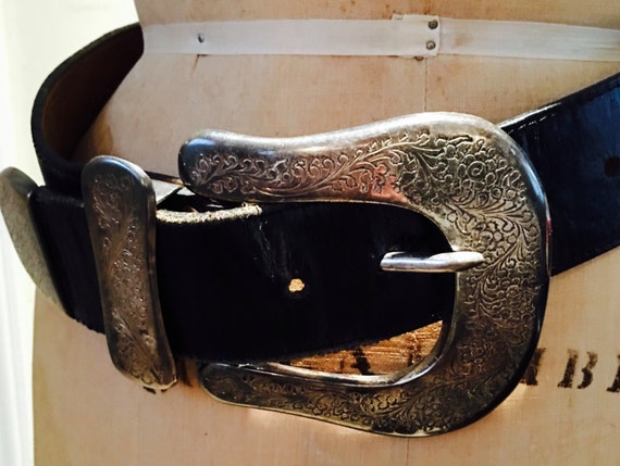 Western Silver Buckle Black Leather Belt