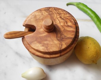 Engraved Olive Wood Sugar Bowl With Coffee Spoon / Sugar Pot / Spice Container / Kitchen Storage / Coffee Keeper / Wedding Gift