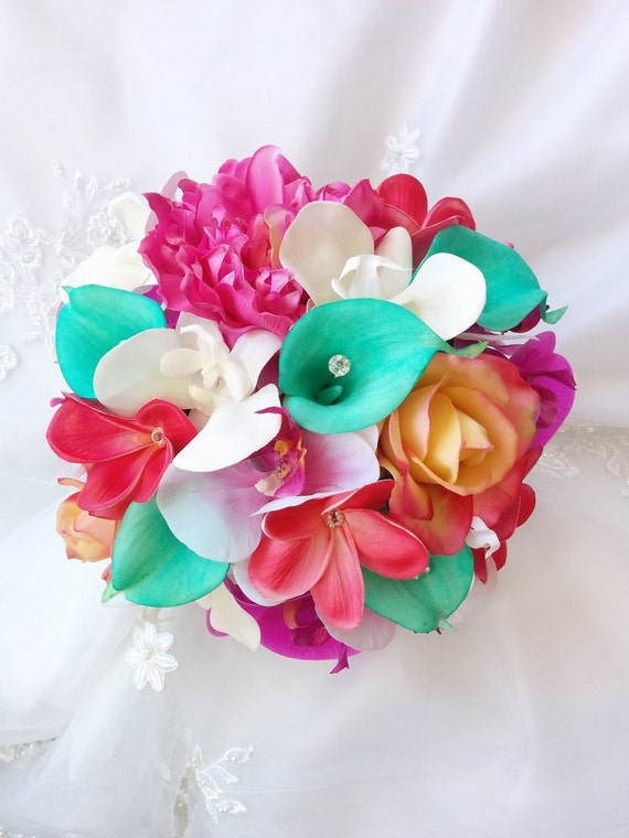 Silk Wedding Bouquet Natural Touch Turquoise Calla Lilies