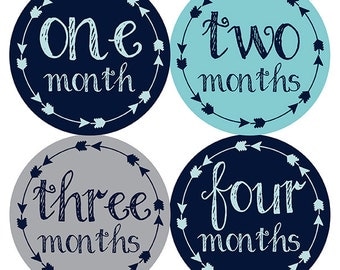 FREE GIFT, Tribal Arrow Month Stickers, Baby Month Stickers Boy, Navy, Aqua, Gray, Grey, Monthly Baby Stickers, Baby Boy, Month Sticker