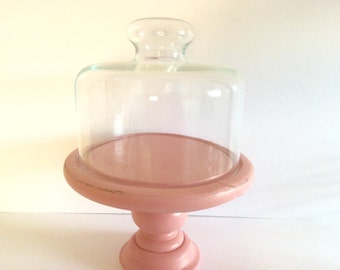 Pedestal Cupcake Stand - Glass Cloche Dessert Display - Pink Distressed - Shabby Cottge Chic Decor - Display Stand - Table Centerpiece
