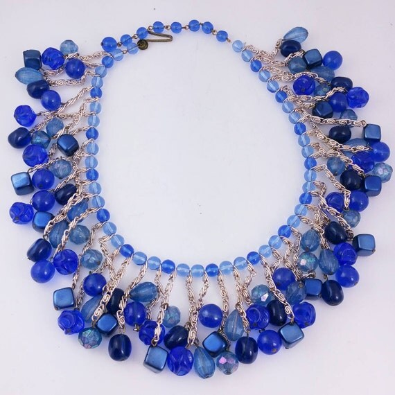 Beaded Fringe Bib Necklace Royal Blue Glass Beads Plastic