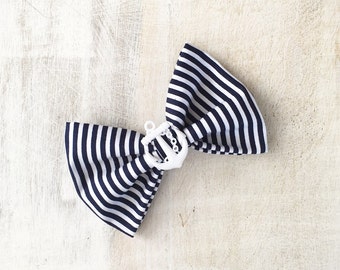 Rockabilly Pin up Navy Blue & White stripe Nautical Sailor Hair Bow Clip with White Anchor
