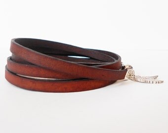 distressed brown leather wrap bracelet, unisex cuff, angel wings, boho chic rocker style, mens leather bracelet, gift for him, gift for her