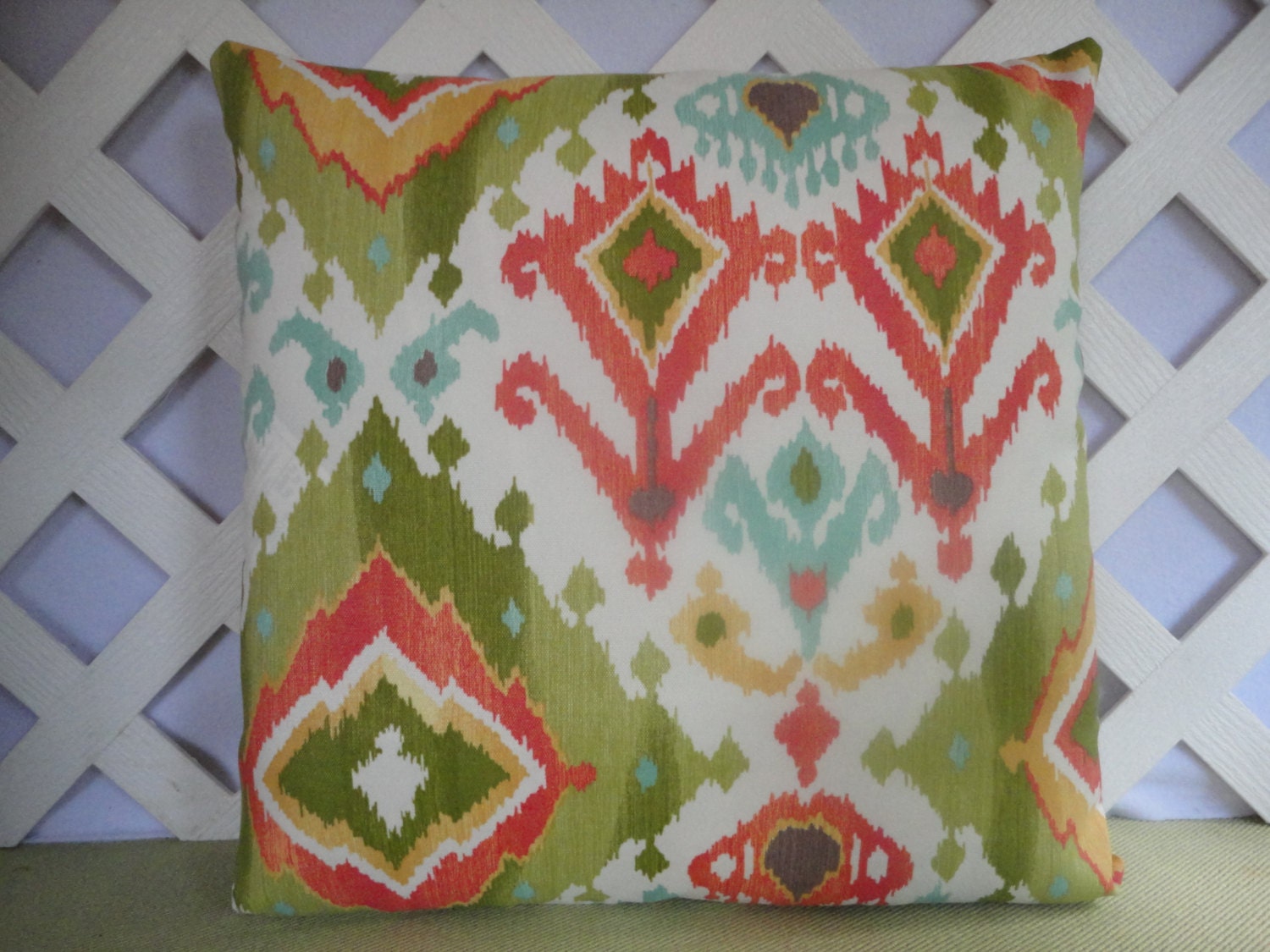 Ikat Outdoor Pillow Cover Green Peach Yellow Blue / Ikat