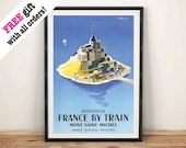 Mont St Michel Poster: Vintage Island Annuncio Stampa artistica Parete Appeso, Blu