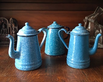 3 Vintage Enamelware Coffee Pots - Light Blue - Graniteware Collection - Farmhouse - Cottage Decor - Robin Egg Blue
