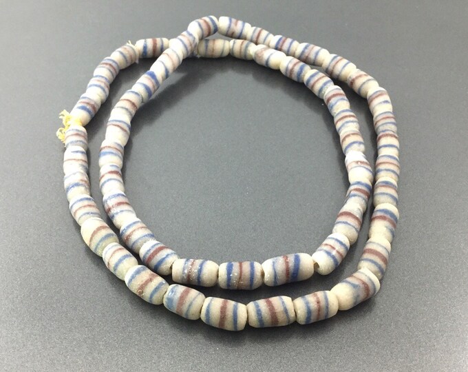 Long Vintage African King Trade Beads - Venetian Powder Glass - Antique Necklace, Tribal. Blue and Red Striped Beads.
