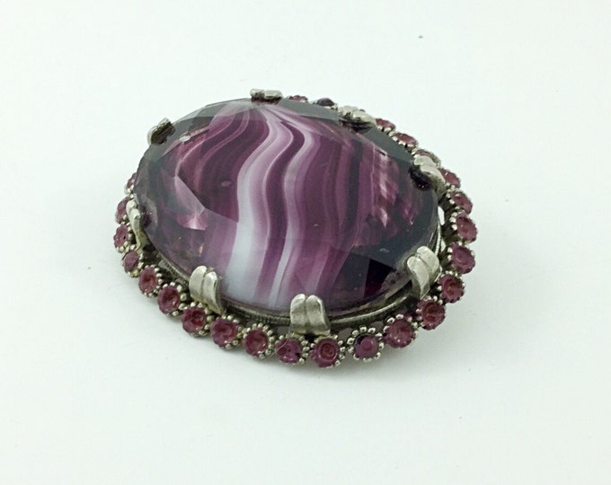 Large Bold Vintage Givre Glass Striped Plum Purple Brooch, Gothic, Elaborate, Victorian Style. Jewelry.