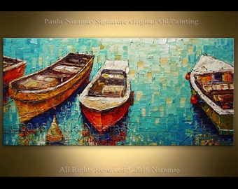 Oil Painting on canvas Palette Knife landscape Fine art from Paula Boats ready to hang