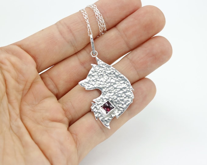 Wolf Pendant Sterling Silver Wolf Necklace Garnet Mens Pendant Gift for Men Animal Necklace Wolf Jewelry ciondolo maschile pendentif hommes