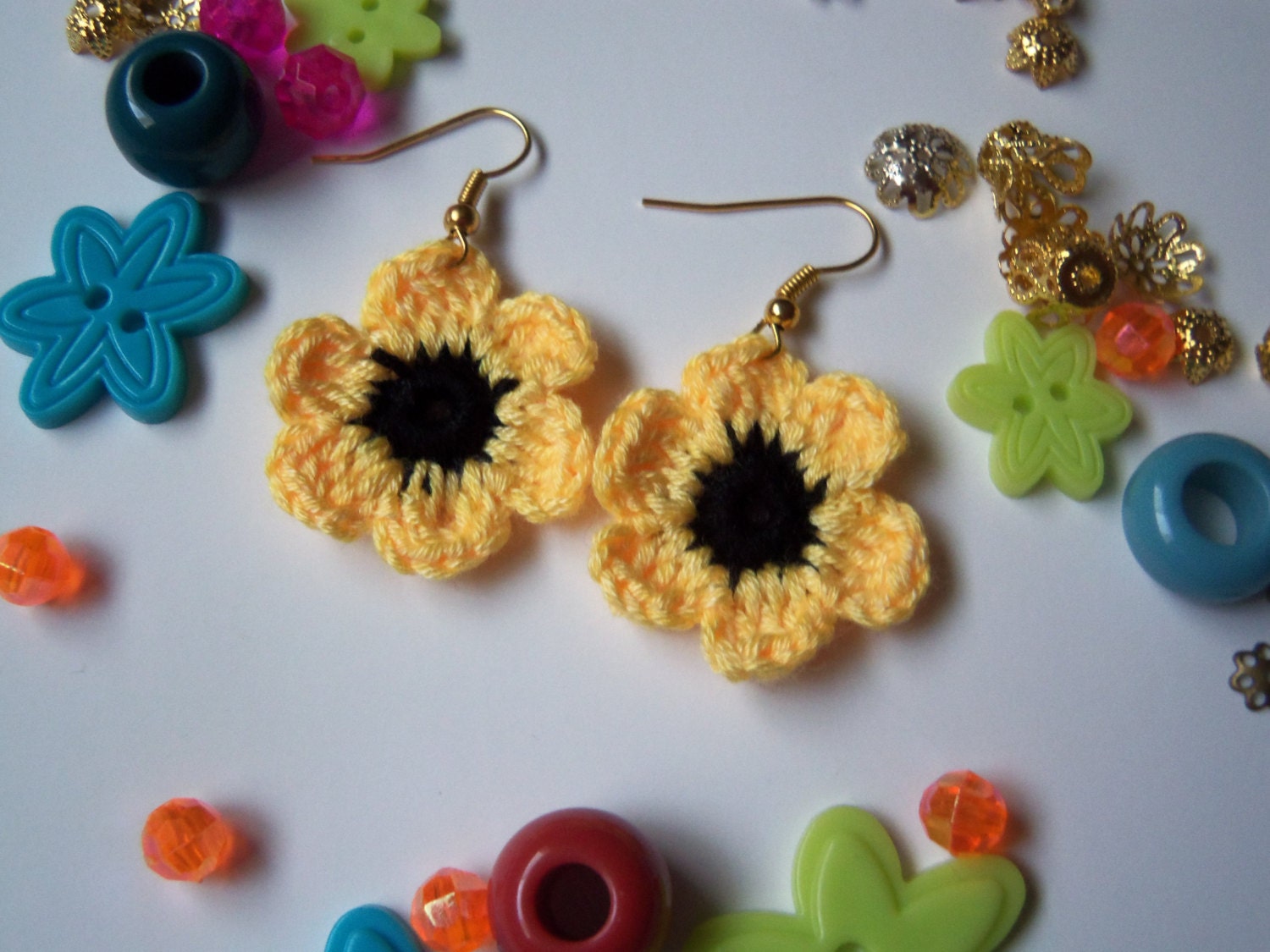 Yellow Crochet Flower Earrings. Handmade Earrings.