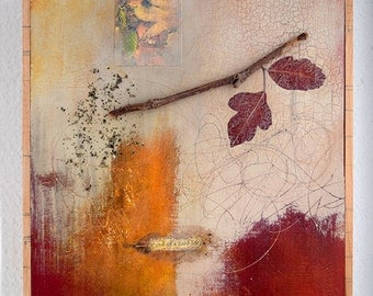 Original Mixed Media Artwork with Autumn Leaf- FREE SHIPPING