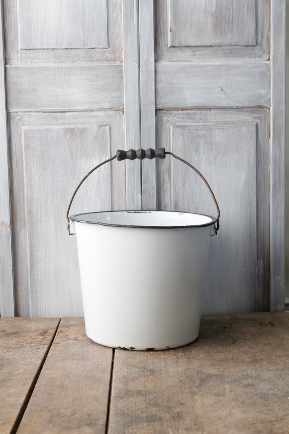 Enamel Bucket Vintage Milk Pail White Metal Bucket Rustic