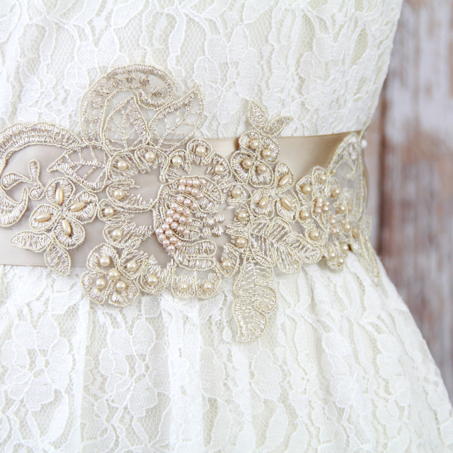 Champagne Delicate Alloy Gold Leaf Pearl Bridal Sash