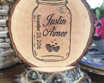 Mason Jar Wedding Cake Topper, Rustic Cake Topper, Engraved Topper, Wood Slice Cake Topper, Custom Cake Topper, Country Barn Wedding Topper