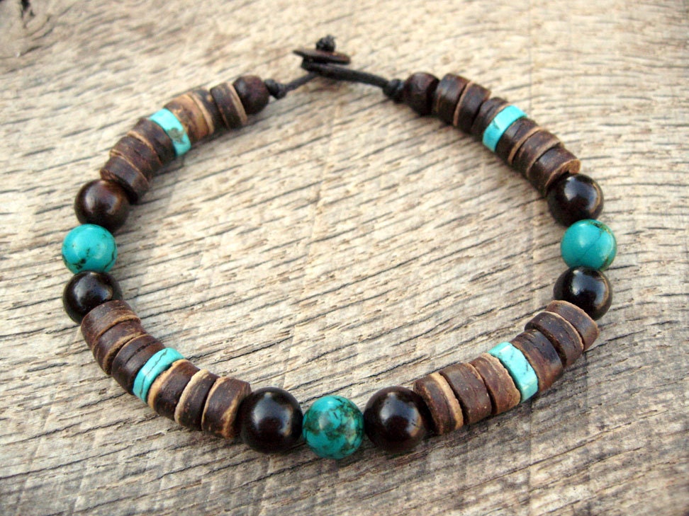 Mens surfer bracelet turquoise wood and coconut shell beads