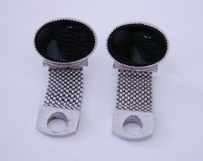 60s Retro Vintage Black Glass Silver Tone Mesh Wrap Cuff Links / Wedding / Mens Jewelry / Jewellery