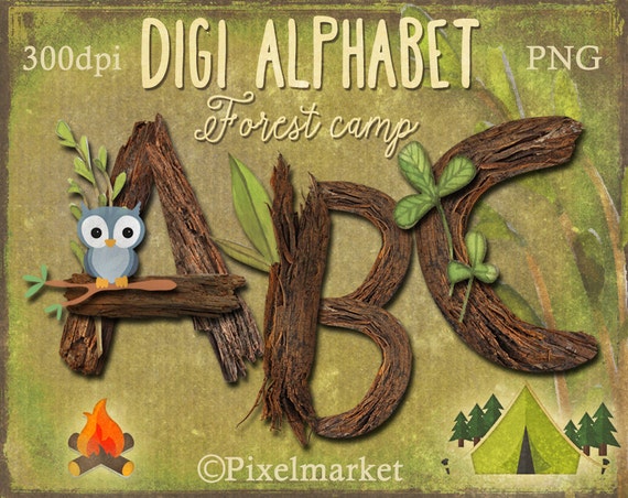 Realistic Digital ALPHABET Clipart Wood Letters Forest Tree