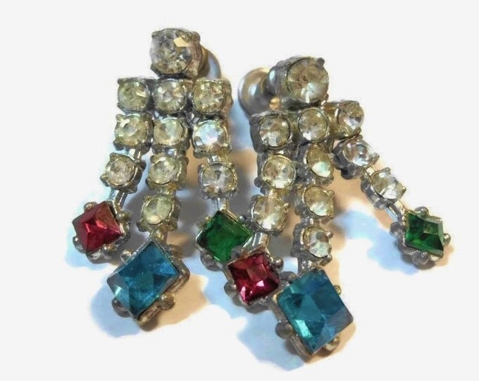 1930s rhinestone earrings, dangle screw back earrings, clear with pink, blue and green stones at end set in pot metal