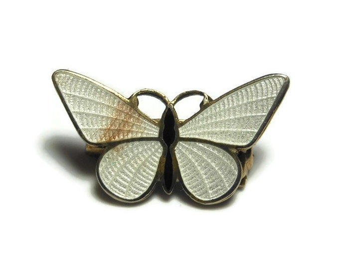 Guilloché butterfly scatter pin, 1950's small white and black enamel guilloché brooch, gold trim