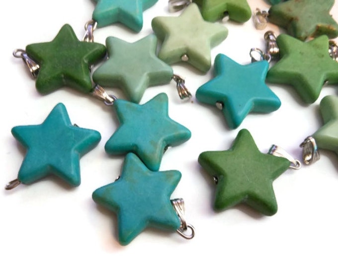 Instant jewelry star pendant, lot of 3 blue green stars, silver bail, natural gemstone, 22mm X 20mm, add to chain, charm bracelet, key ring