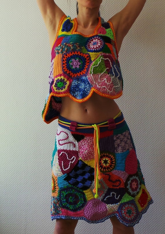 Freeform crochet skirt and top - multicolor patchwork boho hippie fashion - flower power a bit different