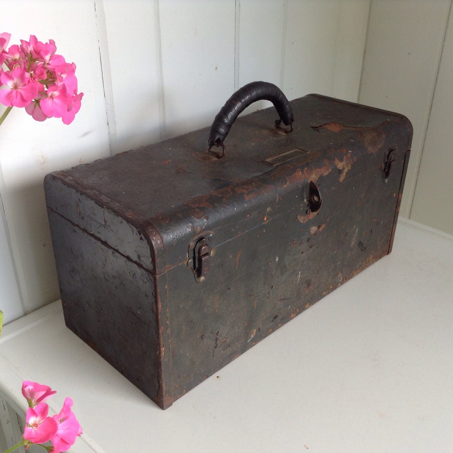 Black and Rusty Old Chippy Painted Tool Box with Tray latches