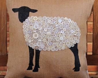 Hand Painted Lamb on Burlap with Stitched Buttons Pillow Cover