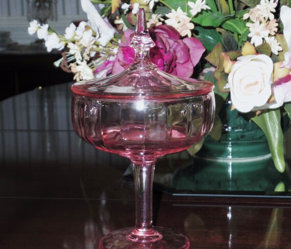 DEPRESSION PINK COMPOTE Candy Covered Lidded Glass Footed Bowl