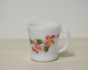 Peach Blossom Mug - Vintage Fire King Milk Glass Cup Gay Fad Pink Flowers Floral / Mid Century Retro Kitchen