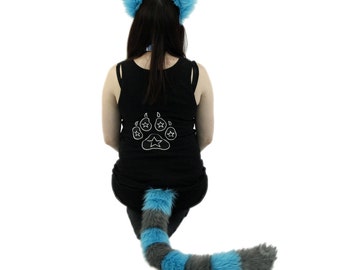 Pawstar Cheshire CAT Ear & Tail Combo - Kitty Ears Headband Neon Pink Purple Turquoise Blue Gray Costume anime cosplay faux fur 4010