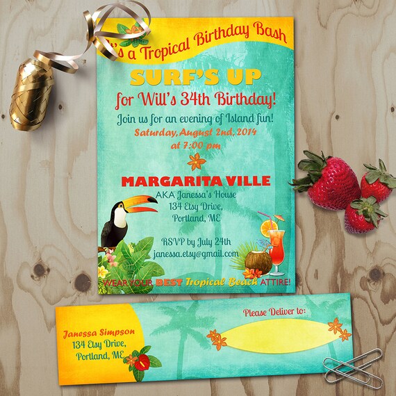 Tropical Birthday Invitation - with Address Labels - Retro Beach, Hawaiian, Island Party Invitation - Exotic - Great for Adults and Kids Il_570xn