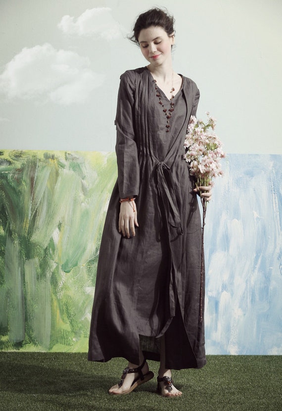 Grey Maxi Dress Linen Maxi Dress Pleated Long Linen Dress In