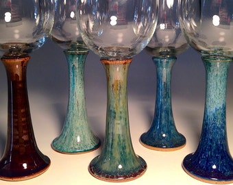 Wine Glasses Pottery Handmade Goblet Set Two Christmas Unique Custom Collectible Blue Wedding Gift Bridal Shower Original Ceramic Chalice