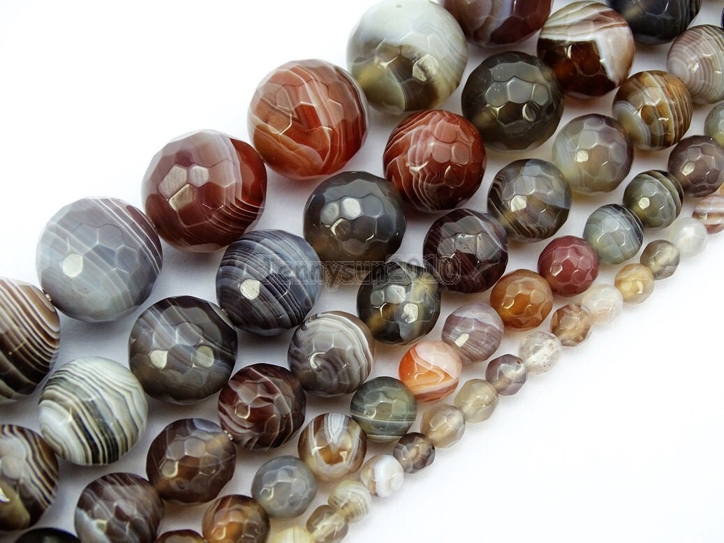 Natural Botswana Agate Gemstone Faceted Round Beads