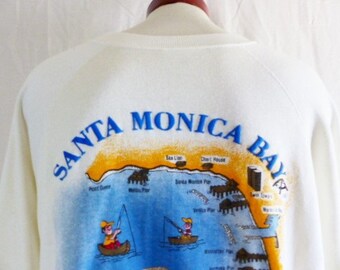 vintage 80's Santa Monica Bay Halibut Derby ivory white fleece graphic sweatshirt raglan crewneck back front puffy print logo souvenir XL