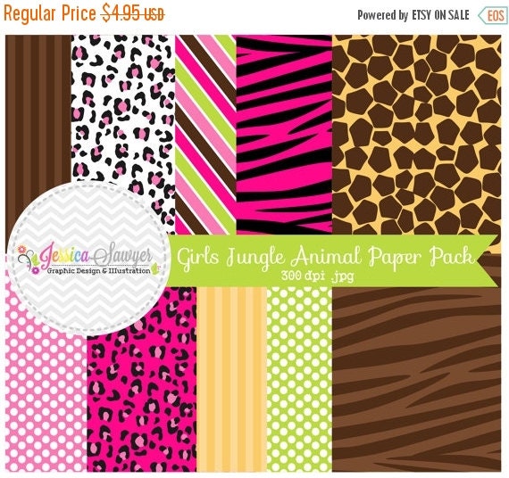 80% OFF - INSTANT DOWNLOAD, girls jungle animal digital papers, safari digital backgrounds, cards, scrapbooking, invites Il_570xn