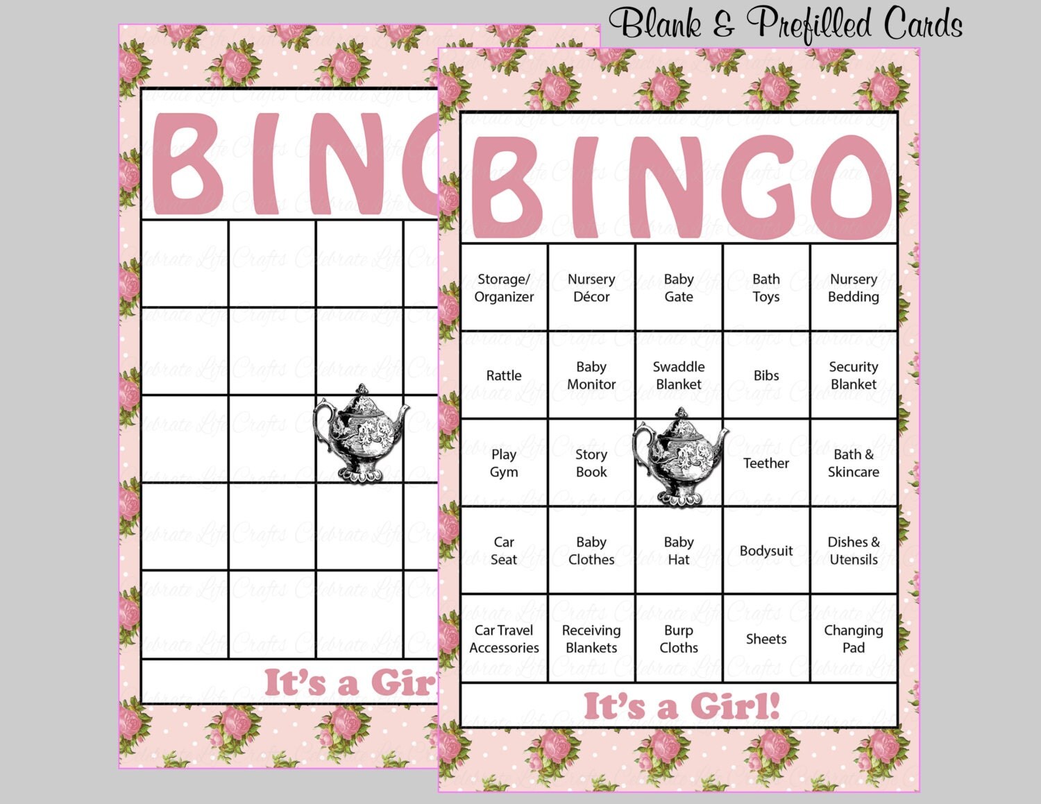 60 Tea Party Baby Shower Bingo Cards 60 Prefilled Bingo