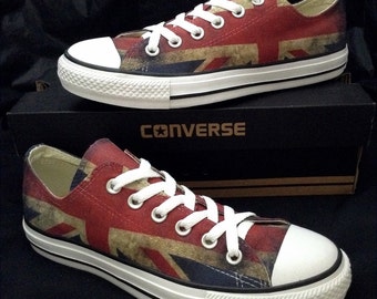 Converse Lady Mens UK British Flag Union Jack Custom Print Low Top w/ Swarovski Crystal Rhinestone Bling Chuck Taylor All Star Sneaker Shoe