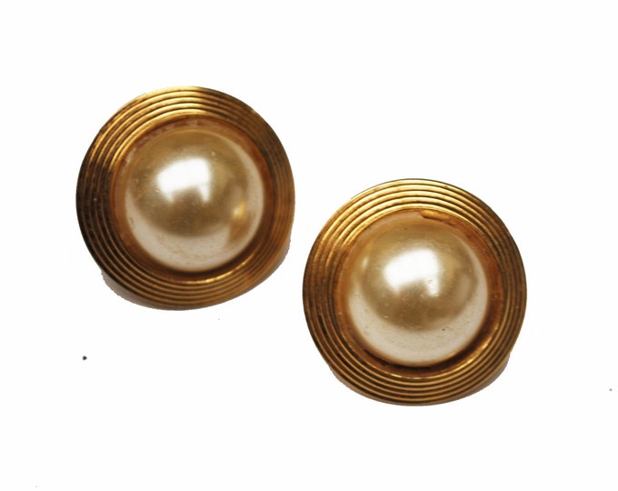 Napier Earrings Gold and Pearl Button Round pierced with clip earrings