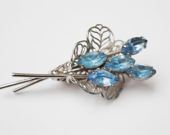 Blue Rhinestone Flower Brooch - silver Filigree - bouquet - floral spray pin