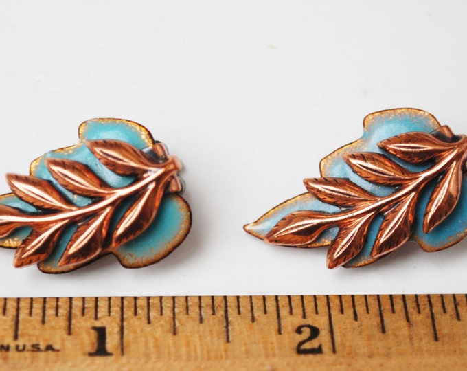 Copper Leaf Earrings - Blue Enamel and Copper Leaf - Signed Matisse -Mid Century - Laurel Leaf