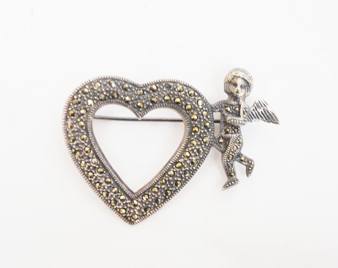 Sterling Heart Brooch - Sterling Silver - Marcasite - Cupid pin