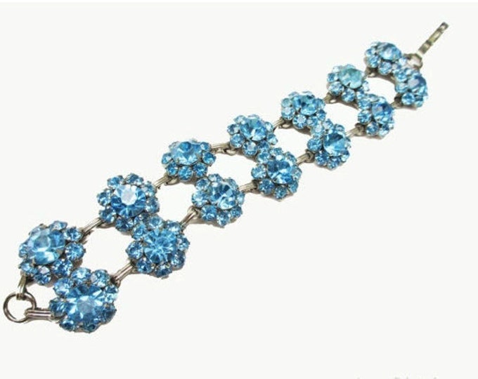 Blue Link Bracelet double strand of Rhinestone flower mid century light baby blue rhinestone bracelet